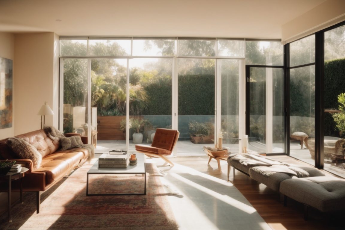 Los Angeles home with window film, sunlight filtering through, energy-efficient interior
