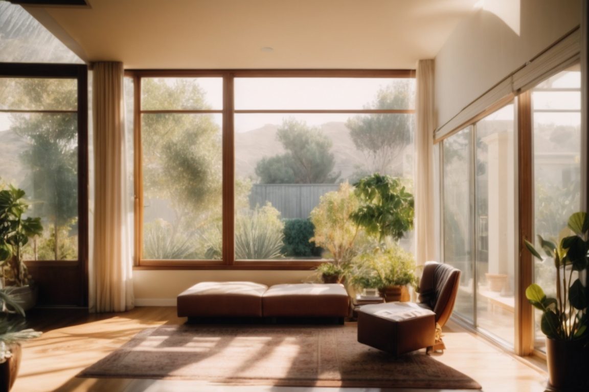 Los Angeles home interior with tinted windows and sunlight filtering through