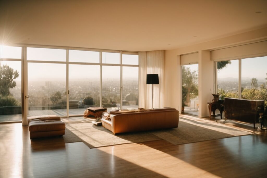 Los Angeles home interior with sunlight filtering through opaque windows