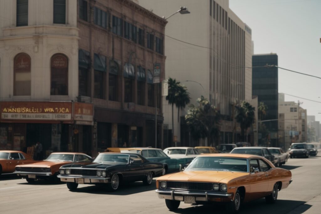 Los Angeles street with cars and buildings with tinted windows