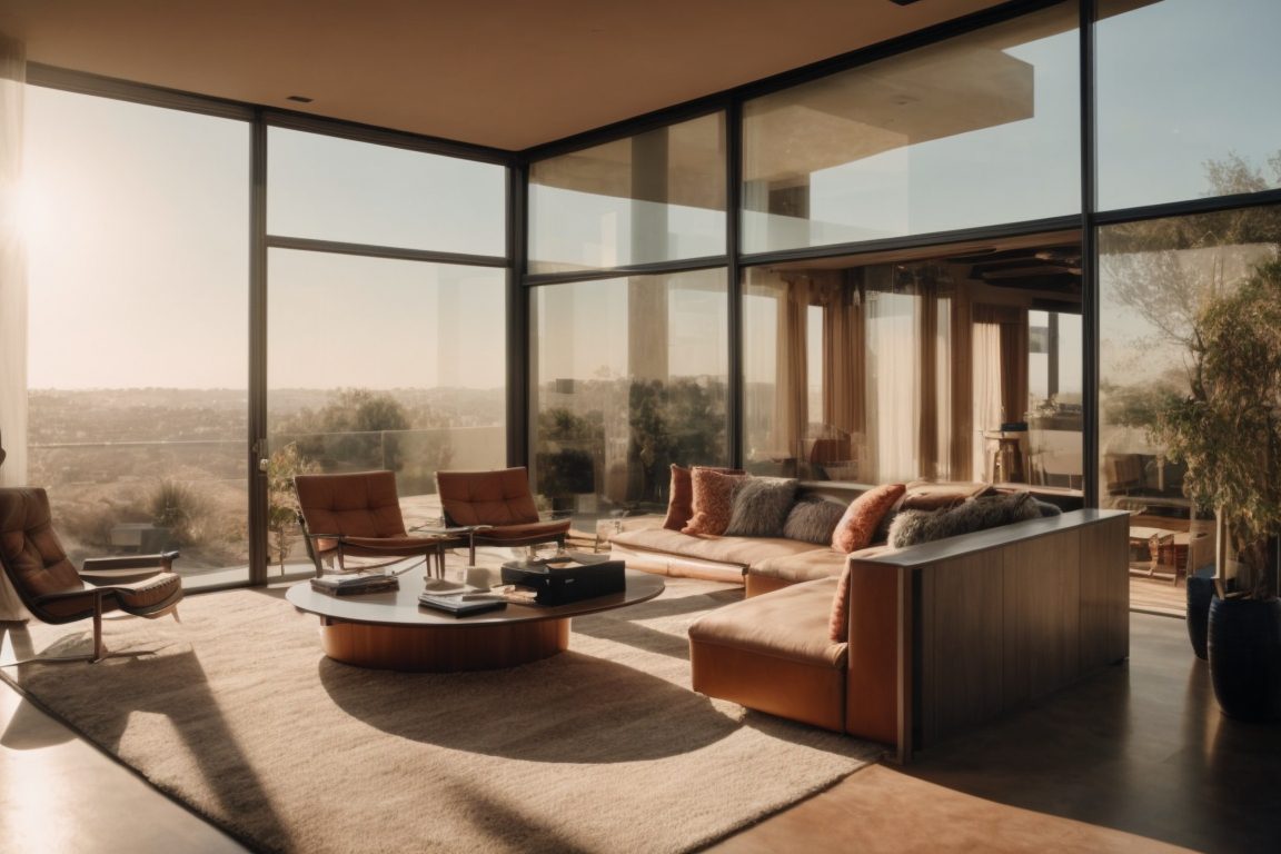 Interior of a Los Angeles home with solar window film applied, furniture and artwork visibly protected from sun