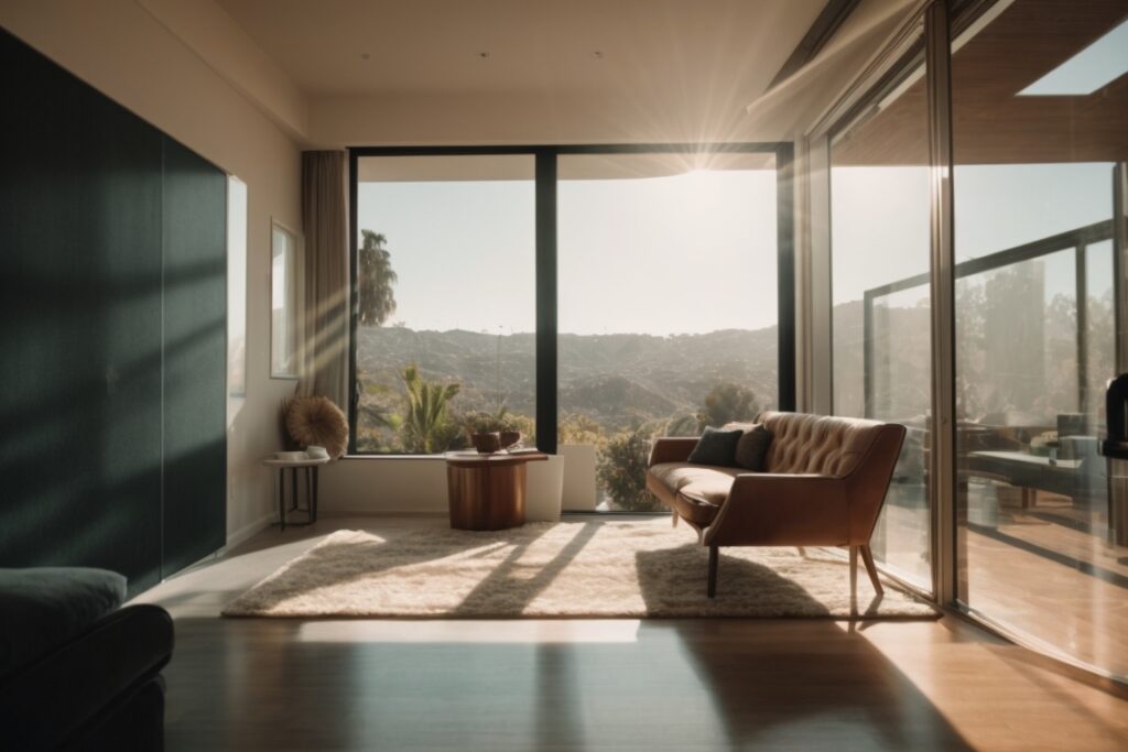 Los Angeles home interior with textured window tint film blocking sunlight