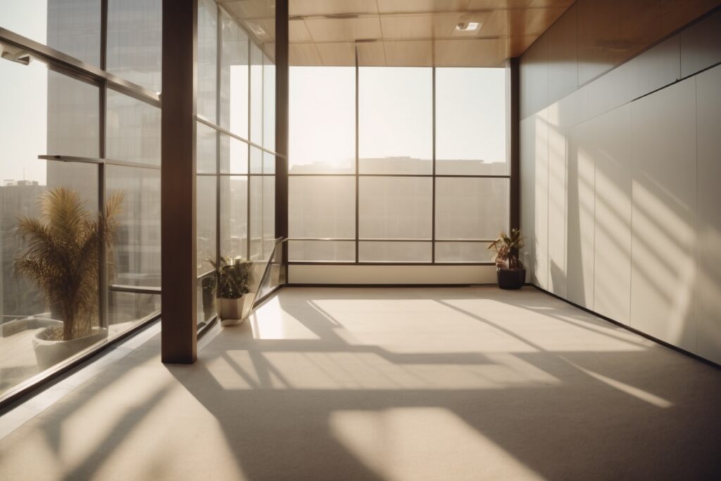 Los Angeles office interior with sun shining through tinted window film