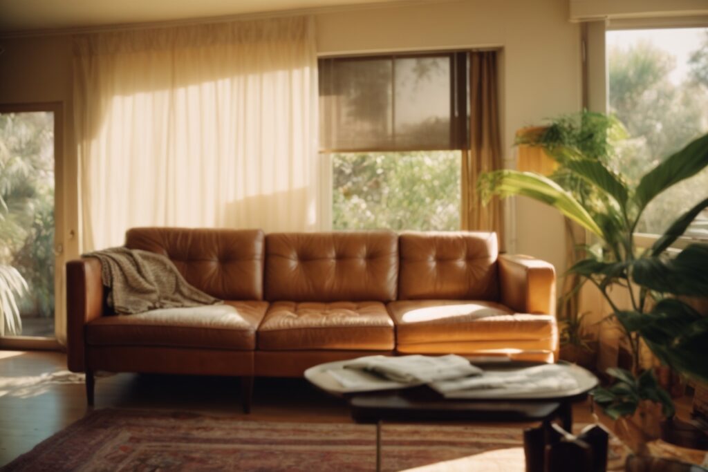 Los Angeles home interior with faded furniture and high sunlight