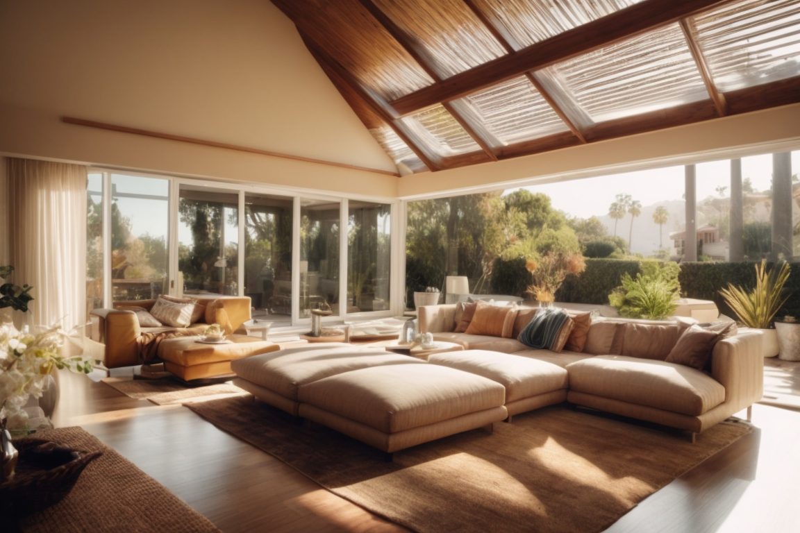 Los Angeles home interior with heat control window film and sunlight filtering through