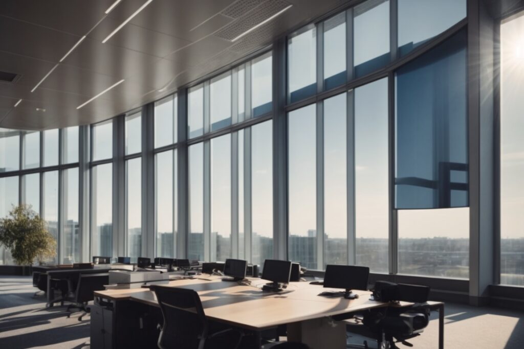 Modern office with solar control window film, rejecting sun heat