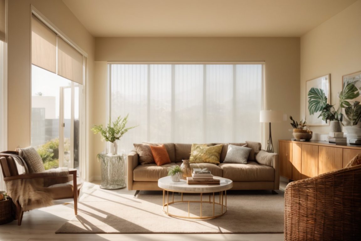 interior of a sunny living room with frosted window film in Los Angeles