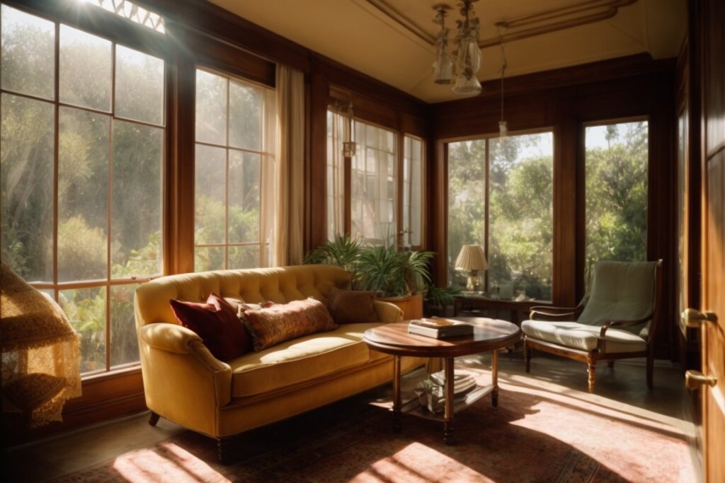 Los Angeles home interior showing faded furniture and intense sunlight through windows