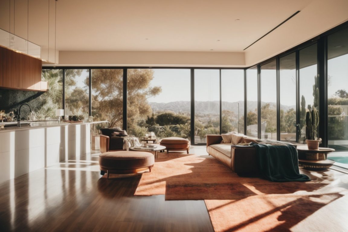 Los Angeles home with spectrally selective window film, bright interior, opaque windows
