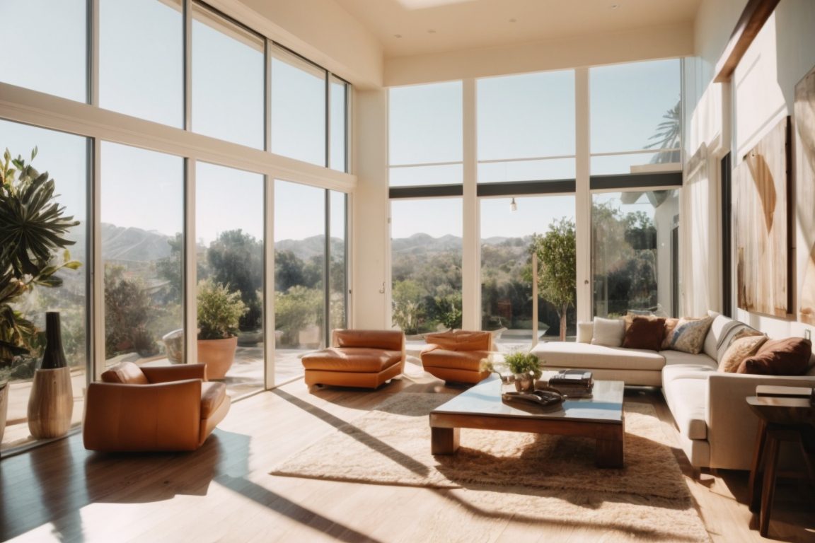 Interior of a sunny Los Angeles home with UV protective window film