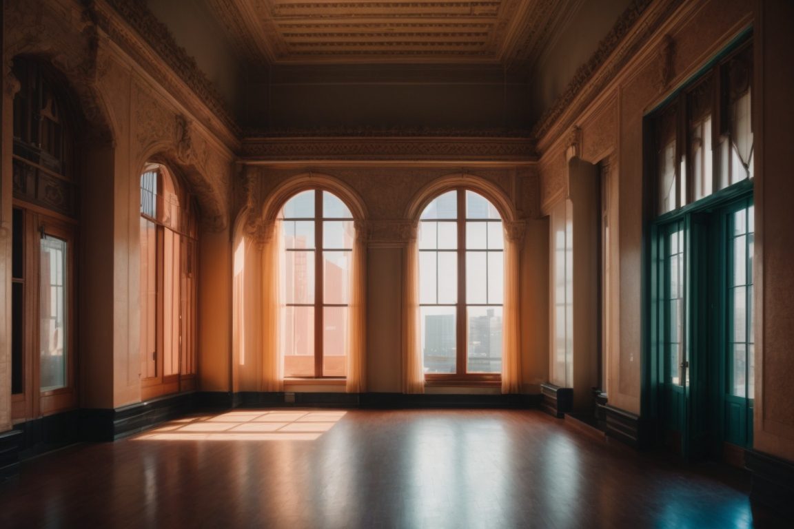 Historic Los Angeles building with frosted windows and vibrant interior