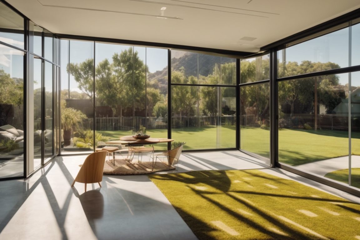 Interior of a sunny Los setting with energy efficient window films installed